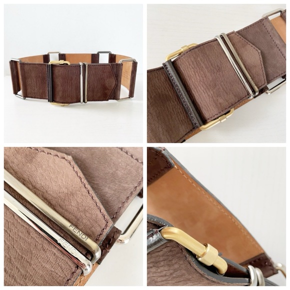 Fendi tri tone metal brown suede leather oversized wide waist belt - Picture 3 of 8